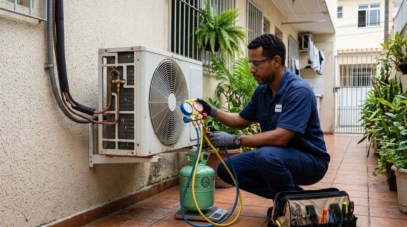 Técnico fazendo carga de gás na condensadora do ar-condicionado em Praia Grande‑SP