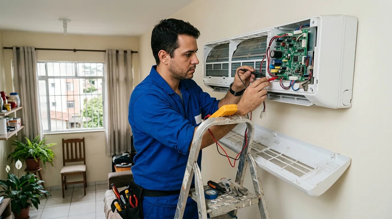 Técnico trocando a placa eletrônica de ar-condicionado split em Praia Grande‑SP