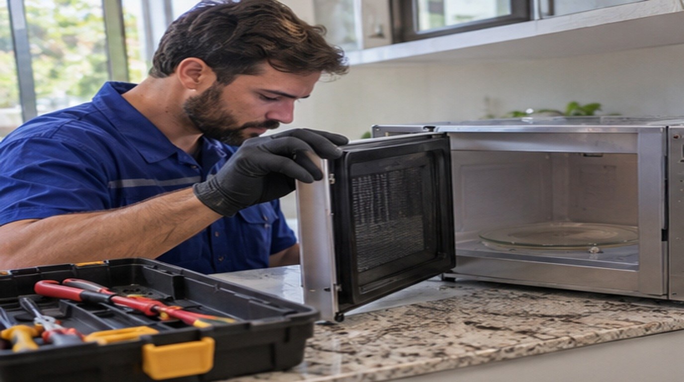 Conserto de micro-ondas em Praia Grande‑SP: técnico abrindo um micro-ondas de bancada