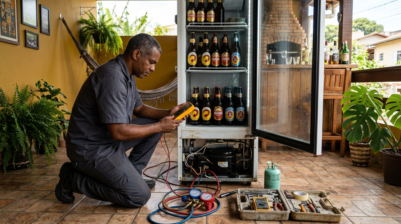 Placa eletrônica de cervejeira em reparo na bancada em Melvi, Praia Grande‑SP