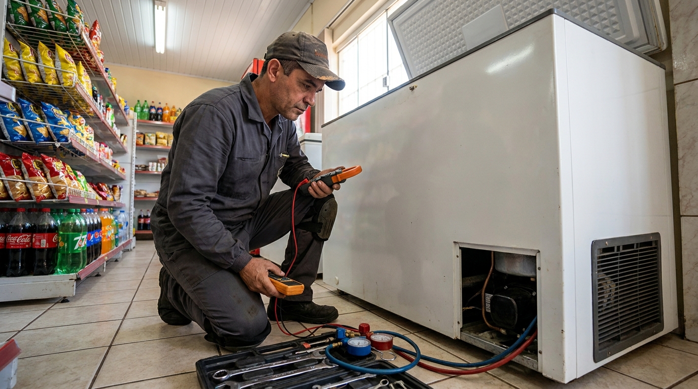 Reparo da placa eletrônica de um freezer em atendimento na Flórida, Praia Grande‑SP
