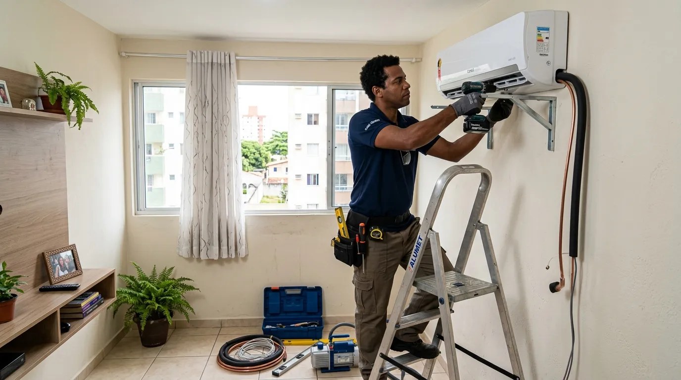 Técnico instalando ar-condicionado split em residência em Praia Grande‑SP