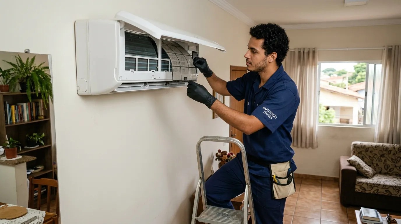 Técnico fazendo limpeza e higienização de ar-condicionado split em Praia Grande‑SP