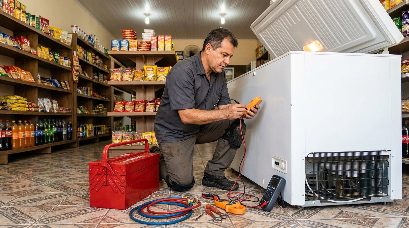 Manômetro conectado ao circuito durante recarga de gás de freezer na Flórida, Praia Grande‑SP