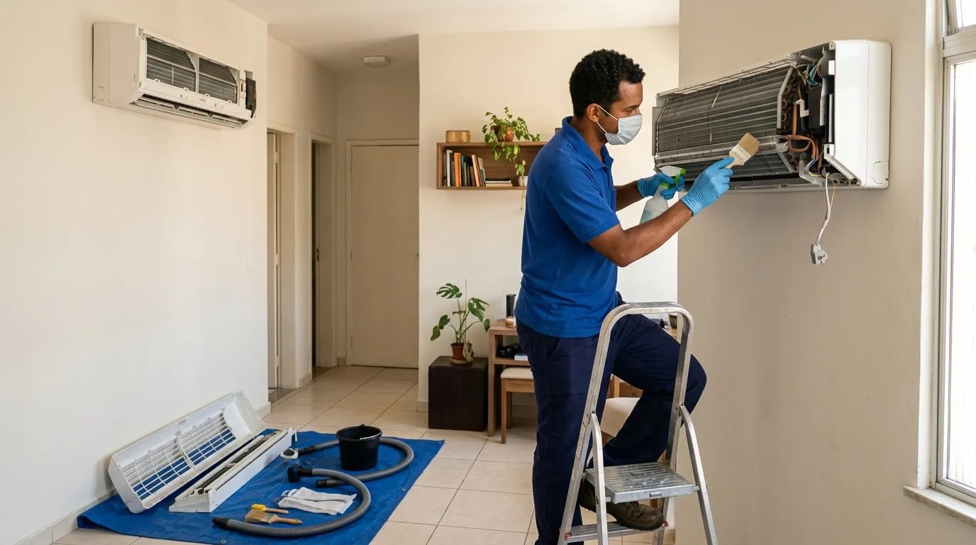 Técnico fazendo manutenção de ar-condicionado split em Praia Grande‑SP