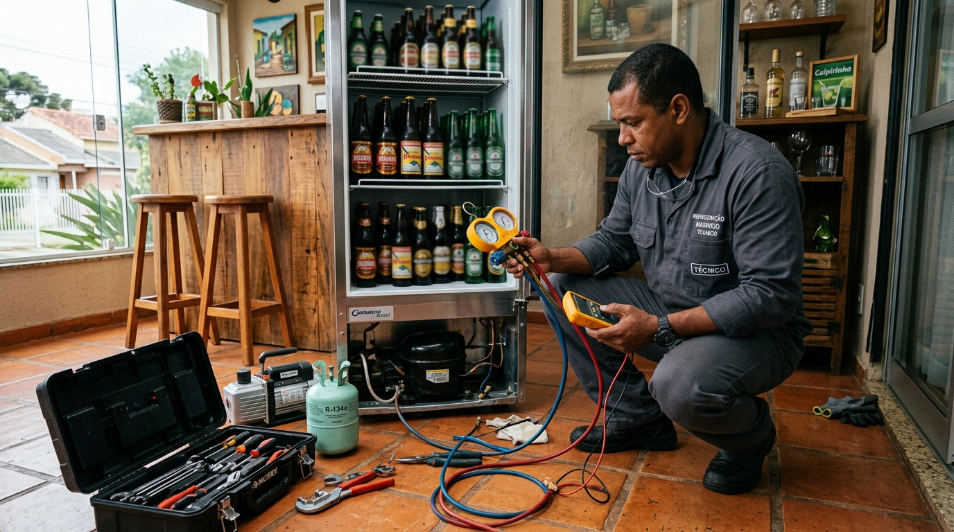 Técnico conferindo a temperatura de uma cervejeira durante atendimento em Melvi, Praia Grande‑SP