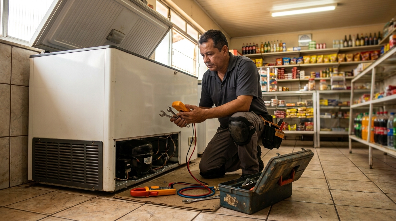Técnico avaliando um freezer vertical durante atendimento na Flórida, Praia Grande‑SP