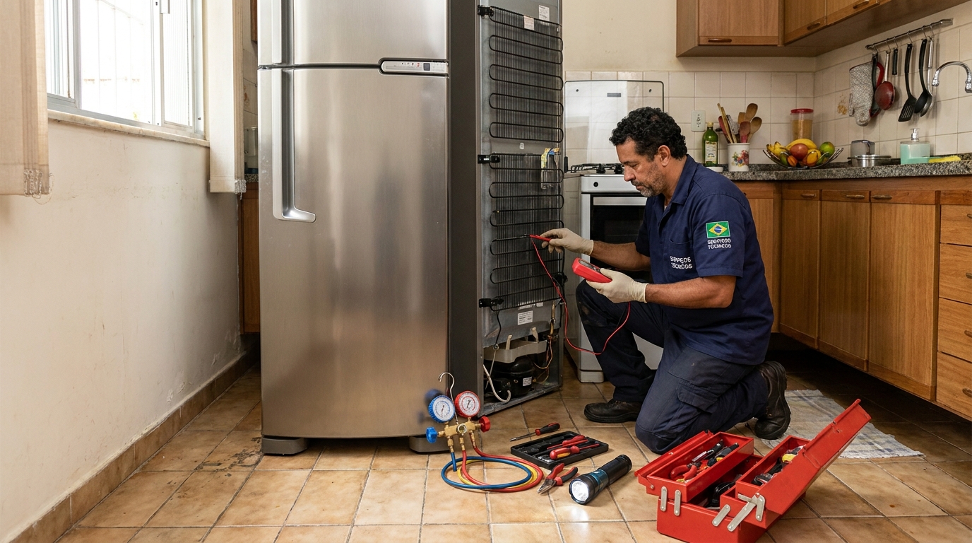 Técnico consertando uma geladeira na casa do cliente em Praia Grande‑SP
