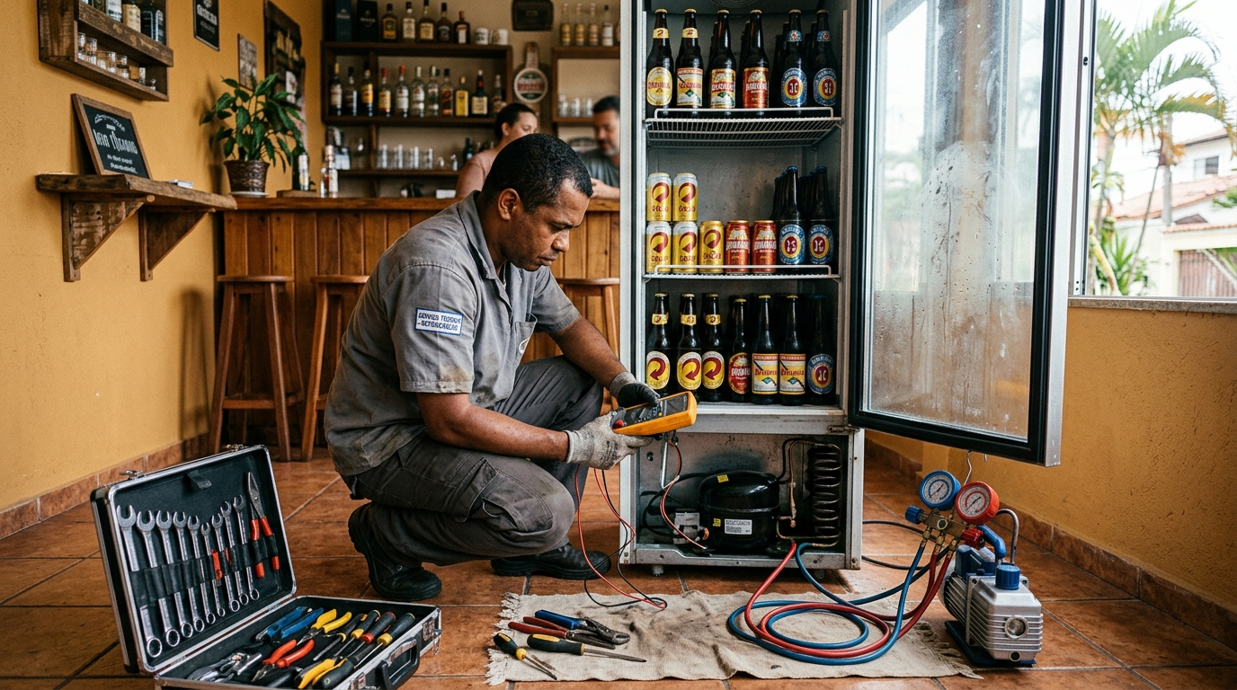 Substituição do termostato de uma cervejeira em Melvi, Praia Grande‑SP