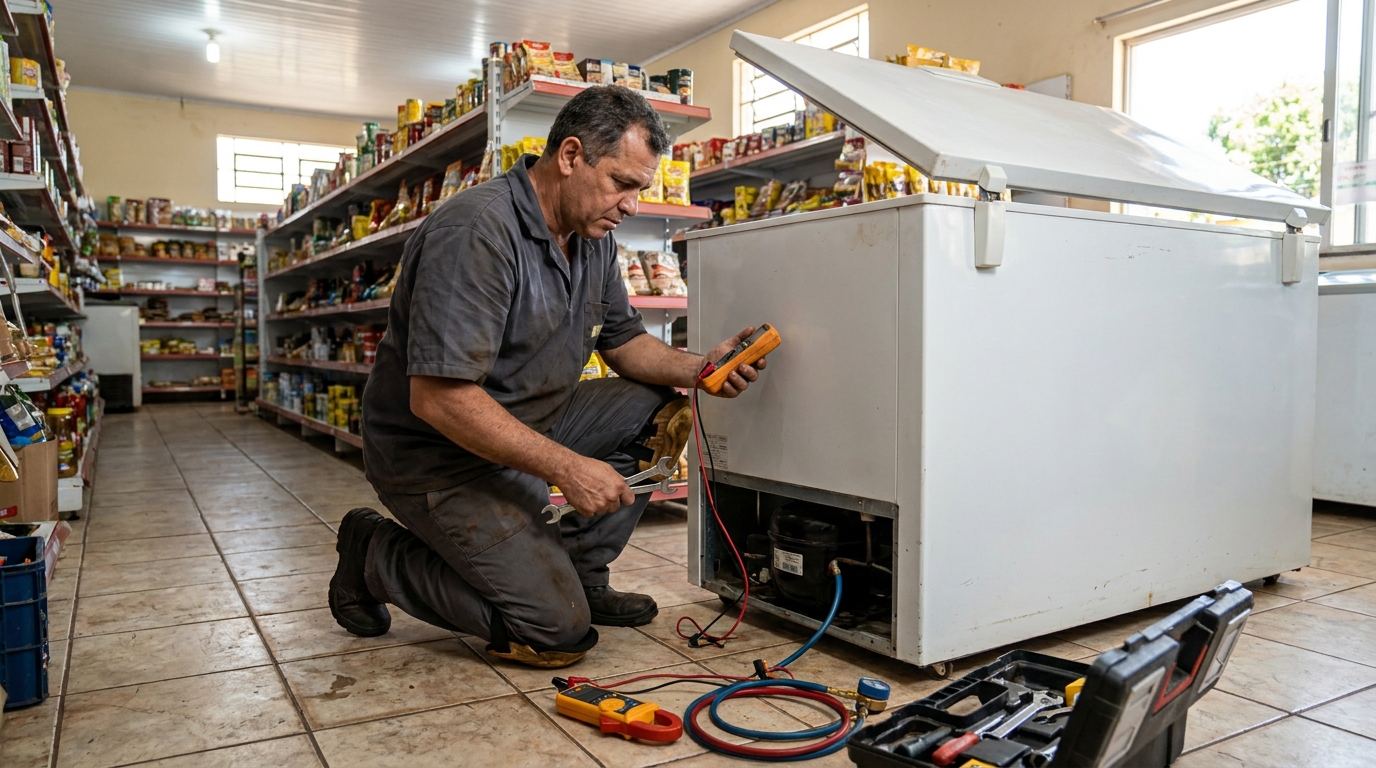 Substituição do termostato de um freezer durante visita técnica na Flórida, Praia Grande‑SP